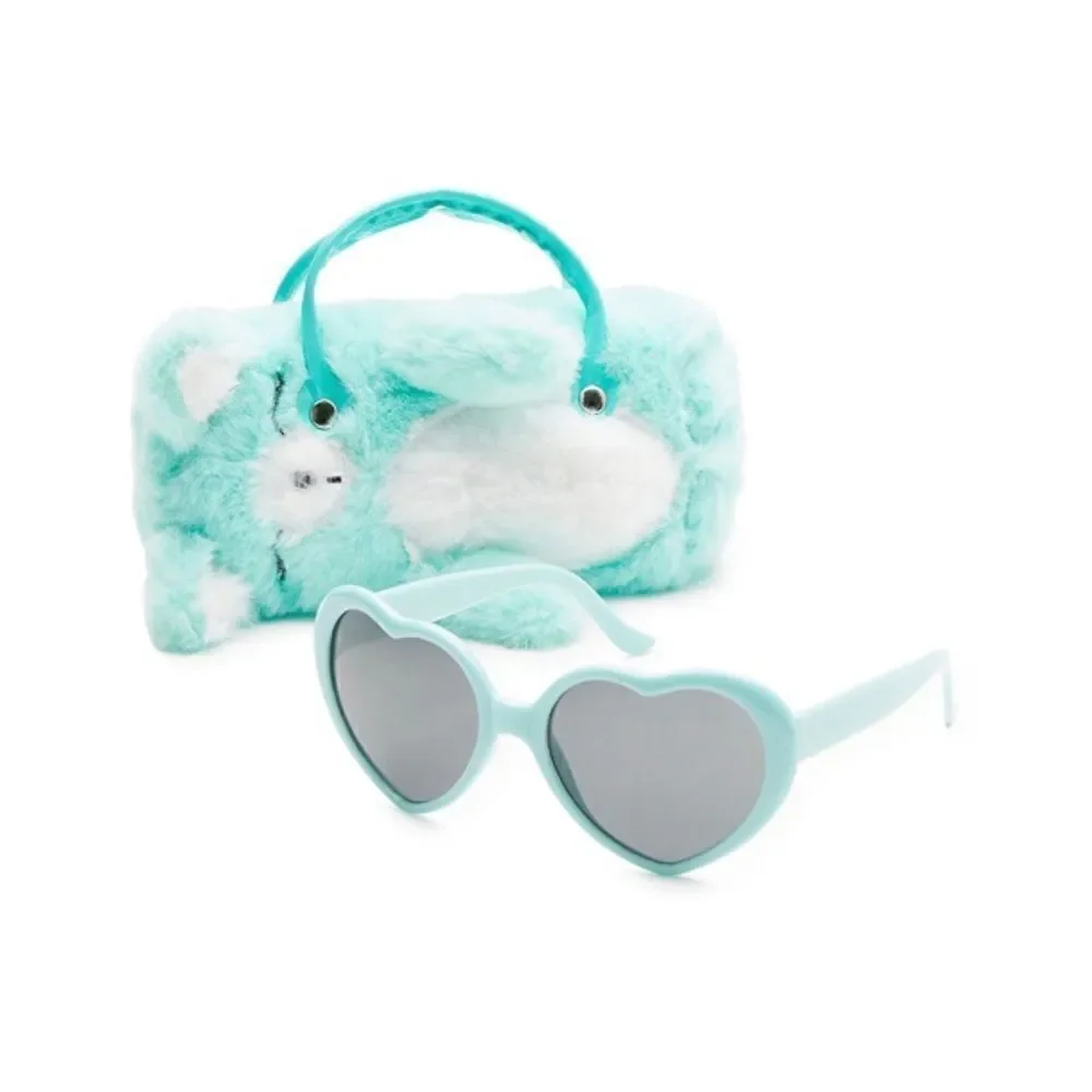 Girls Fun Summer Sunglasses With Kitty Cat & Bear Faux Fur Carrying Cases